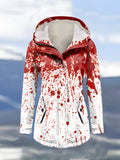 Winter Halloween Blood Printed Hooded Drawstring Zipper Thickened Jacket