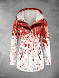 Winter Halloween Blood Printed Hooded Drawstring Zipper Thickened Jacket