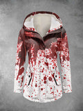 Winter Halloween Blood Printed Hooded Drawstring Zipper Thickened Jacket