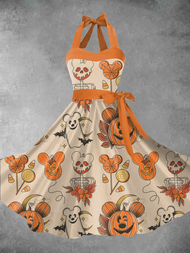 Women's Halloween Pumpkin Printed 1950s Audrey Dress Halter Maxi Dress