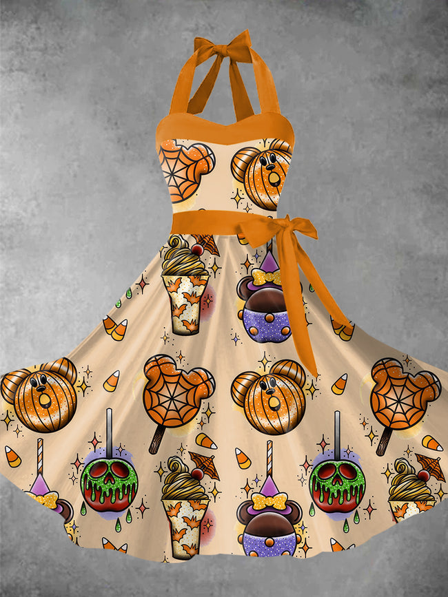 Women's Halloween Pumpkin Printed 1950s Audrey Dress Halter Maxi Dress