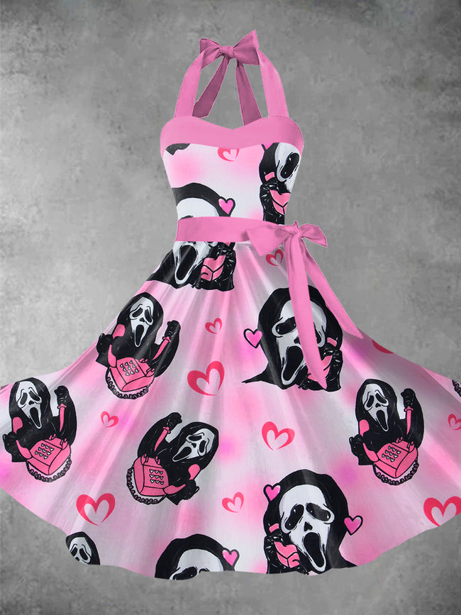 Women's Pink Halloween Printed 1950s Audrey Dress Halter Maxi Dress