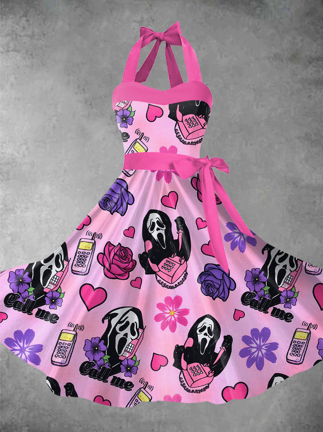 Women's Pink Halloween Printed 1950s Audrey Dress Halter Maxi Dress