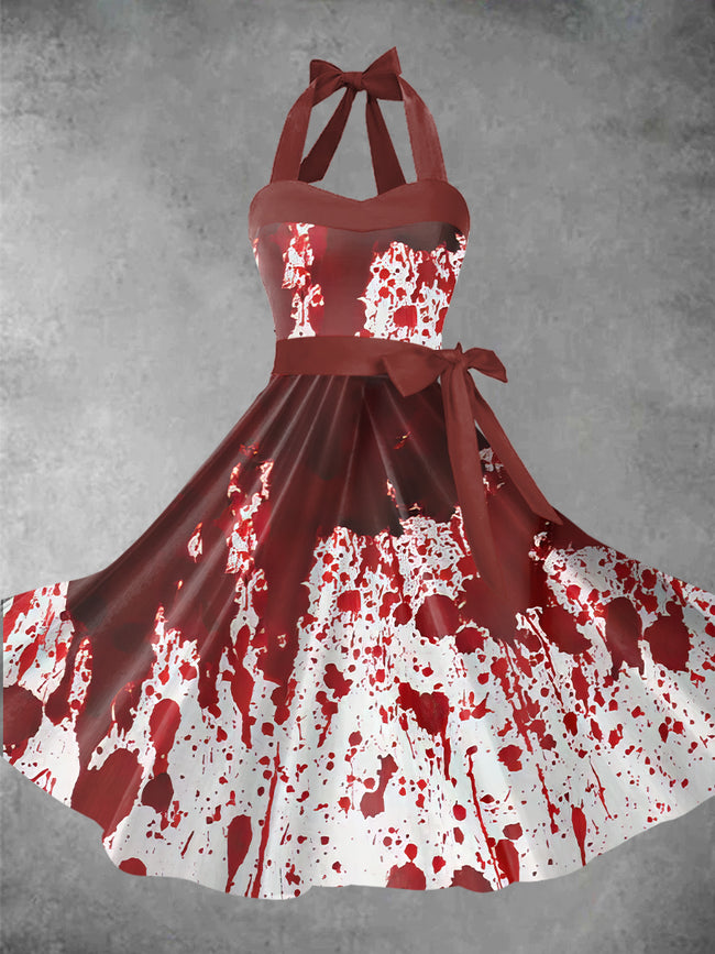 Women's Halloween Blood Printed 1950s Audrey Dress Halter Maxi Dress