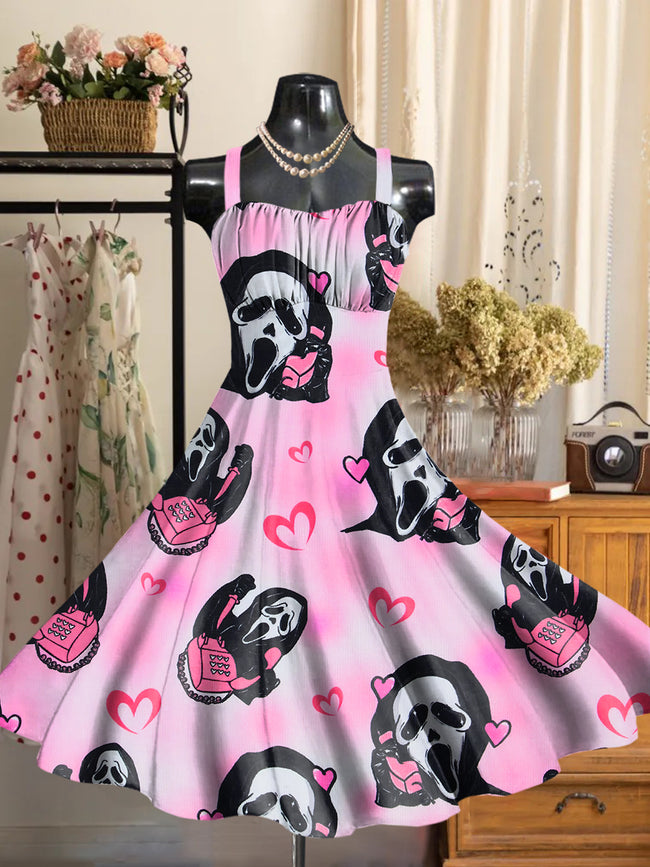 Women's Retro Pink Halloween Printed Backless Dress