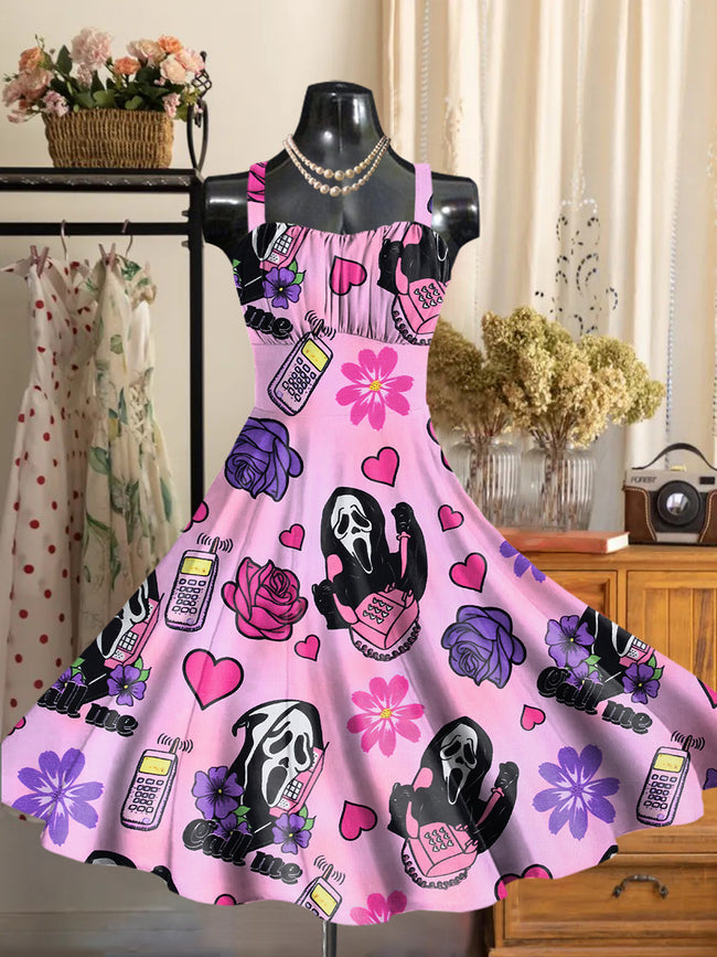 Women's Retro Pink Halloween Printed Backless Dress