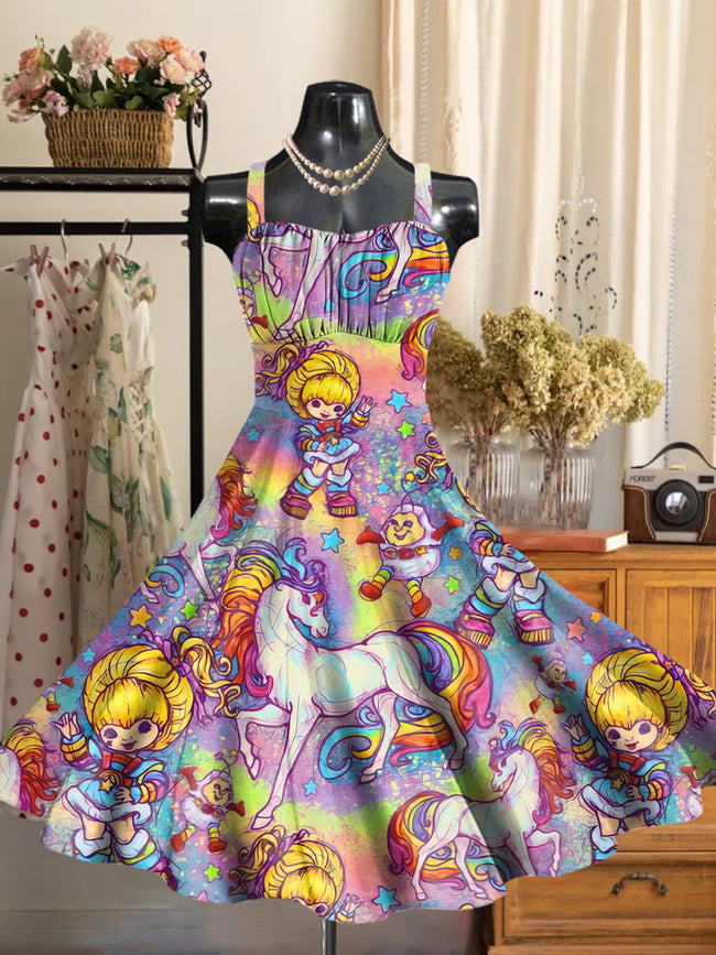 Women's Retro 1980s Cartoon Printed Backless Dress