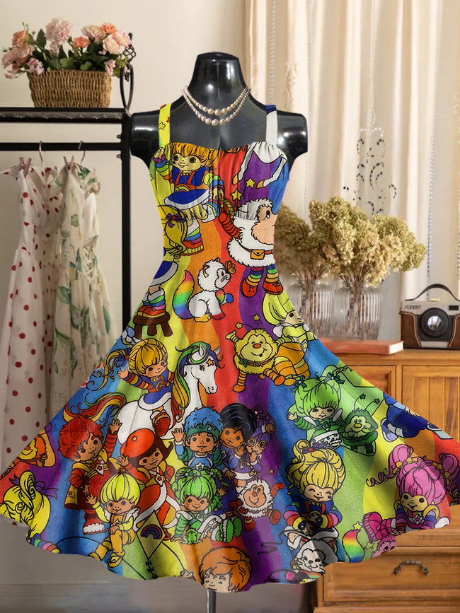 Women's Retro 1980s Cartoon Printed Backless Dress