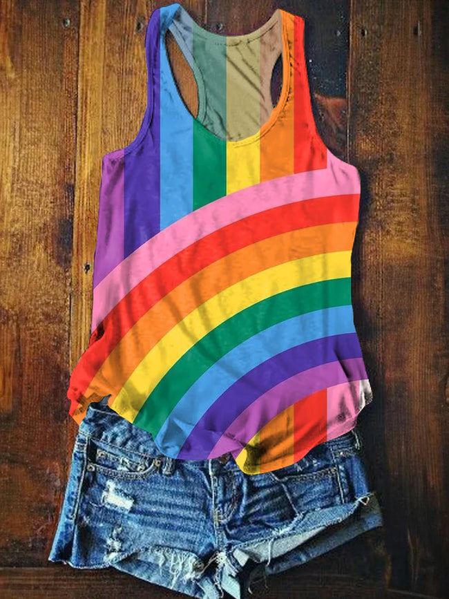 Rainbow Cartoon Print Crew Neck Tank Top