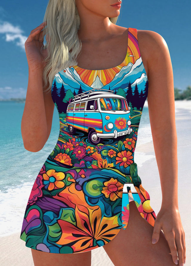 Women’s Retro Colorful Hippie Print One Piece Swimdress