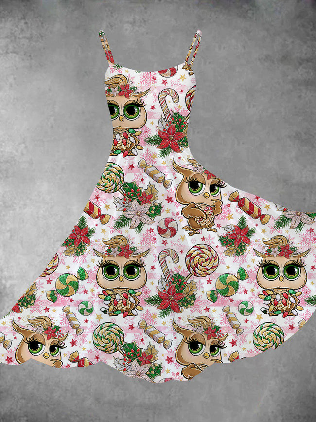 Women's Christmas Cartoon Owl Print Two-Piece Dress