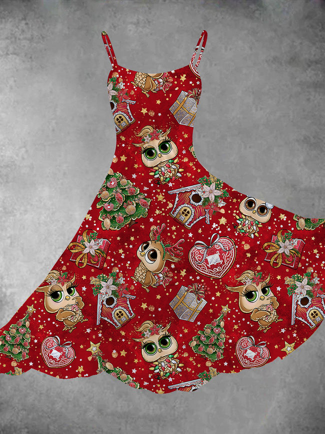 Women's Cartoon Owl Print Two-Piece Dress