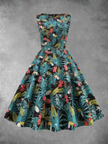 Green Leaves Printed Vintage 1950s Dress