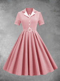 Blush Plaid Swing 1950s Dress with Short Sleeves