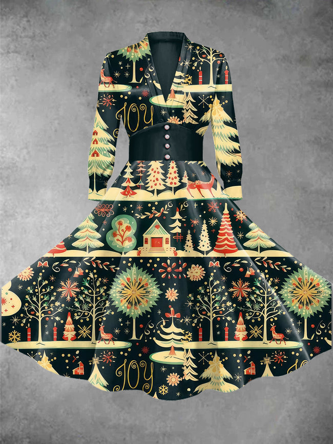 Women's Vintage Christmas Print Midi Dress