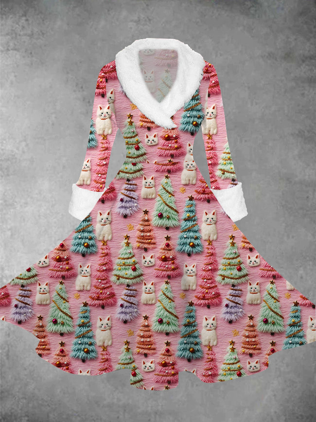 Women's Vintage Christmas Tree Print Lapel Dress