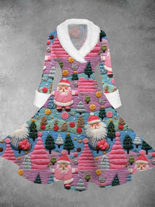 Women's Vintage Christmas Santa Print Lapel Dress