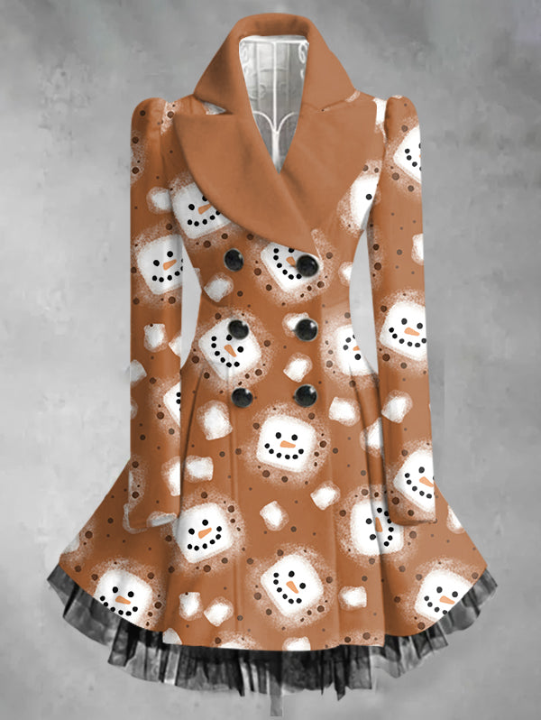 Vintage Christmas Snowman Printed Elegant Lapel Long Sleeve Coat Dress