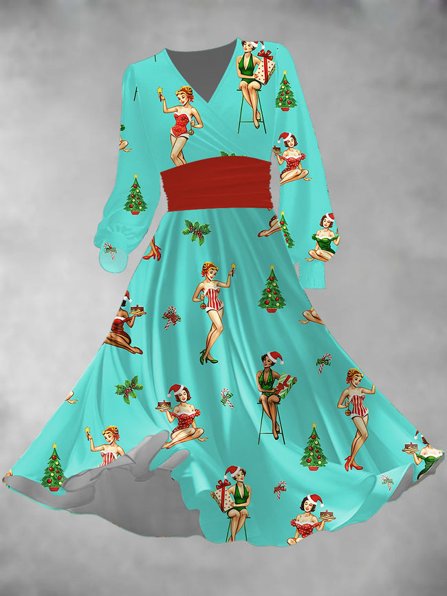 Women's Vintage Christmas Girl Lantern Sleeve Maxi Dress