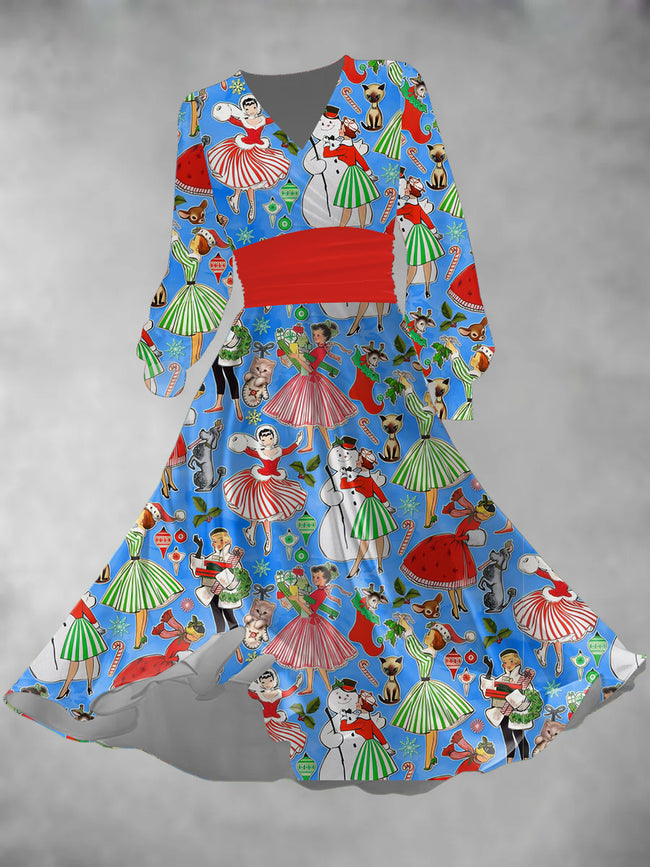 Women's Vintage Christmas Girl Lantern Sleeve Maxi Dress