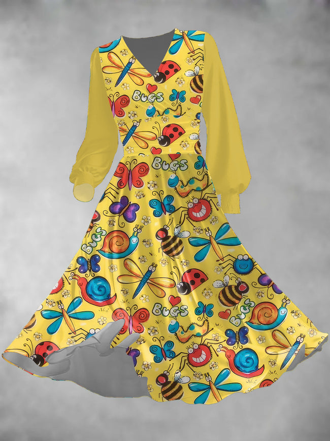 Women's Insect Print Lantern Sleeve Maxi Dress