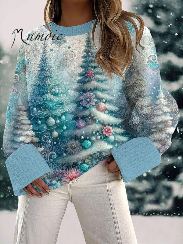 Women's Vintage Winter Christmas Tree Print Fuzzy Knit Casual Pullover Sweaters