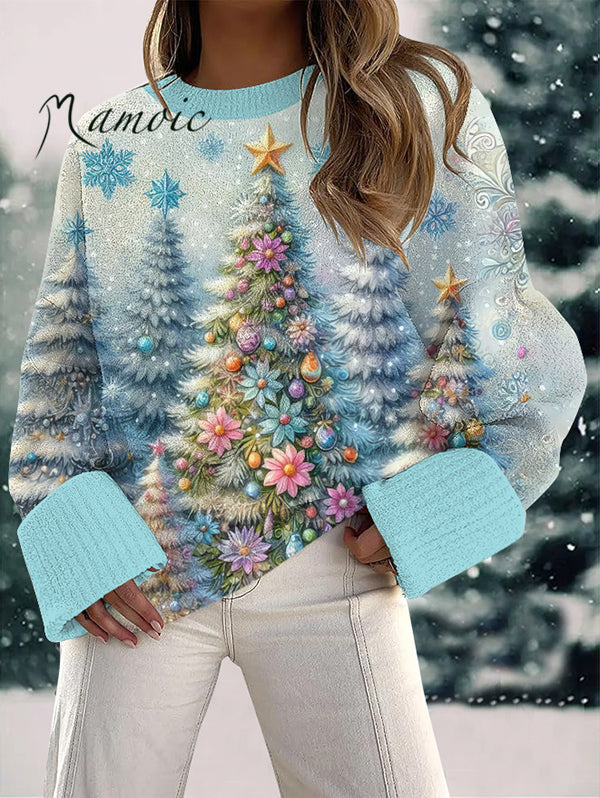 Women's Vintage Winter Christmas Tree Print Fuzzy Knit Casual Pullover Sweaters