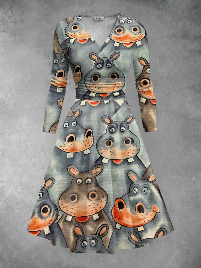 Women's Cartoon Hippo Print Long Sleeve Midi Dress