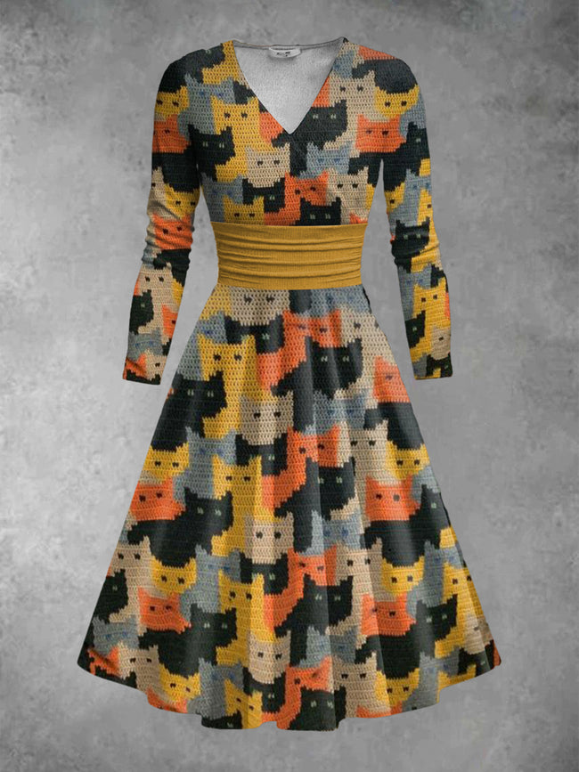 Women's Pixel Cat Print Long Sleeve Midi Dress