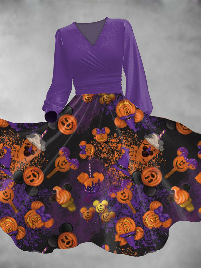Women's Halloween Pumpkins Print Lantern Sleeve Maxi Dress