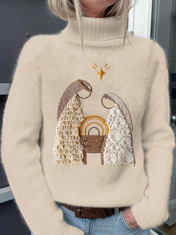 Vintage Nativity Print Knit Turtleneck Pullover Sweater