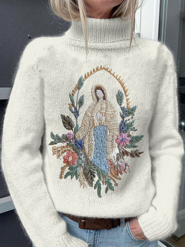 Vintage Mary Print Knit Turtleneck Pullover Sweater