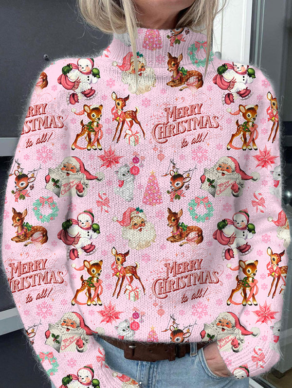 Vintage Pink Christmas Print Knit Turtleneck Pullover Sweater