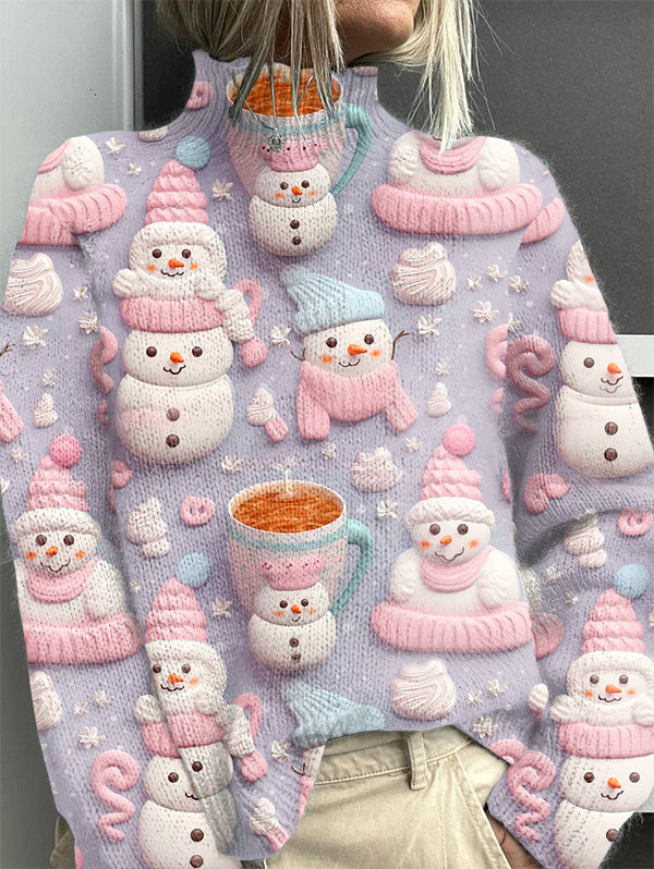 Vintage Snowman Print Knit Turtleneck Pullover Sweater