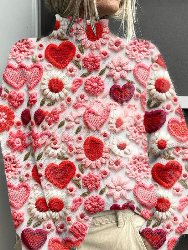 Vintage Love Heart Print Knit Turtleneck Pullover Sweater