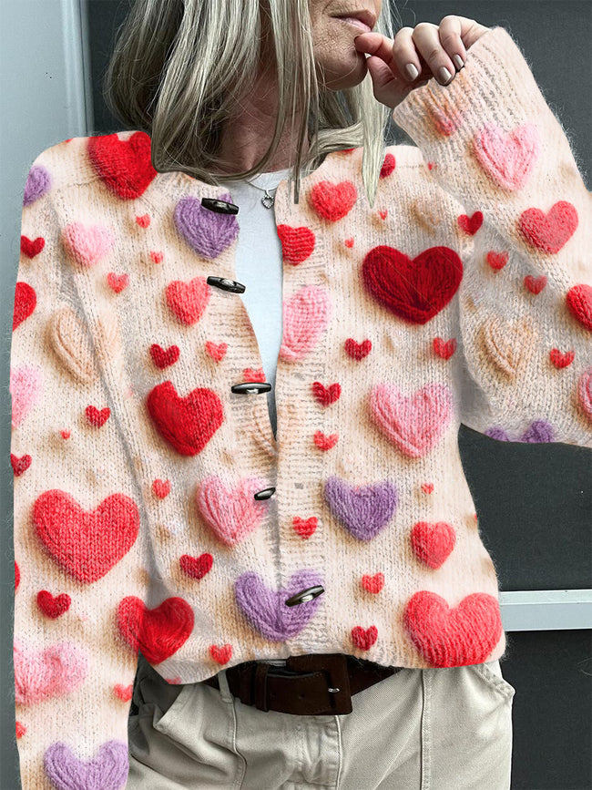 Vintage Christmas Love Heart Print Buttoned Cardigan Sweater