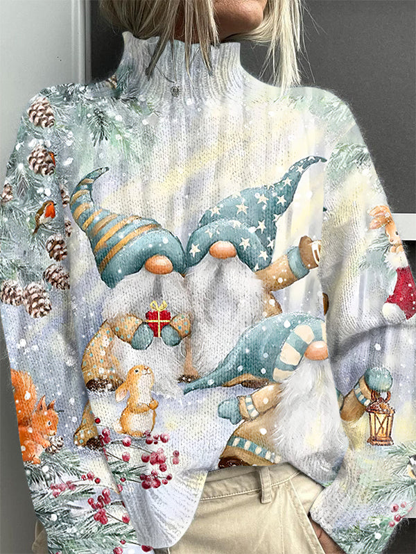 Vintage Christmas Gnome Print Knit Turtleneck Pullover Sweater