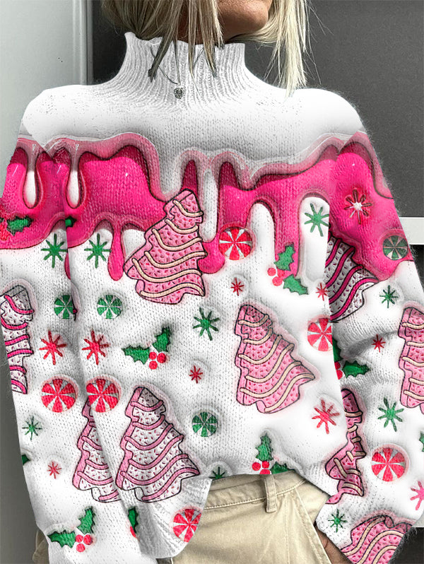 Vintage Christmas Print Knit Turtleneck Pullover Sweater