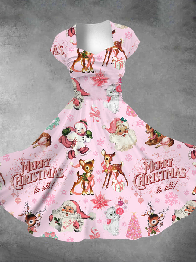 Women's Vintage Christmas Cute Print Square Neck Maxi Dress