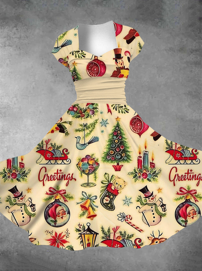 Women's Vintage Christmas Print Square Neck Maxi Dress