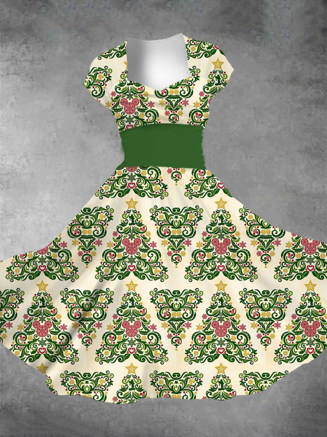 Women's Vintage Christmas Print Square Neck Maxi Dress