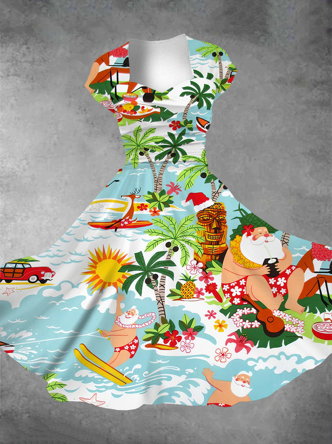 Women's Vintage Christmas Hawaii Santa Print Square Neck Maxi Dress