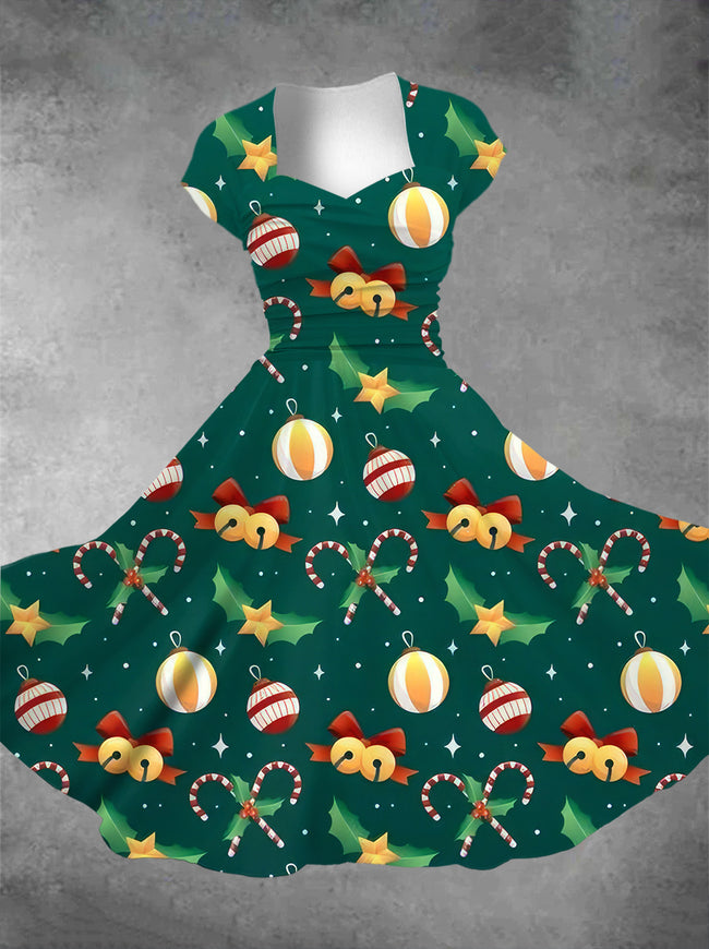 Women's Vintage Christmas Decoration Print Square Neck Maxi Dress