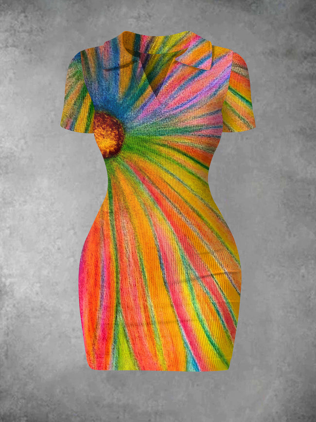 Women's Vintage Rainbow Flower Print Ribbed Bodycon Mini Dress