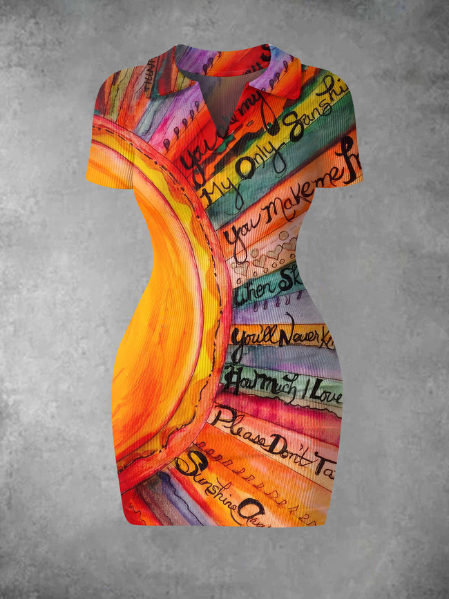 Women's Vintage Rainbow Sun Print Ribbed Bodycon Mini Dress