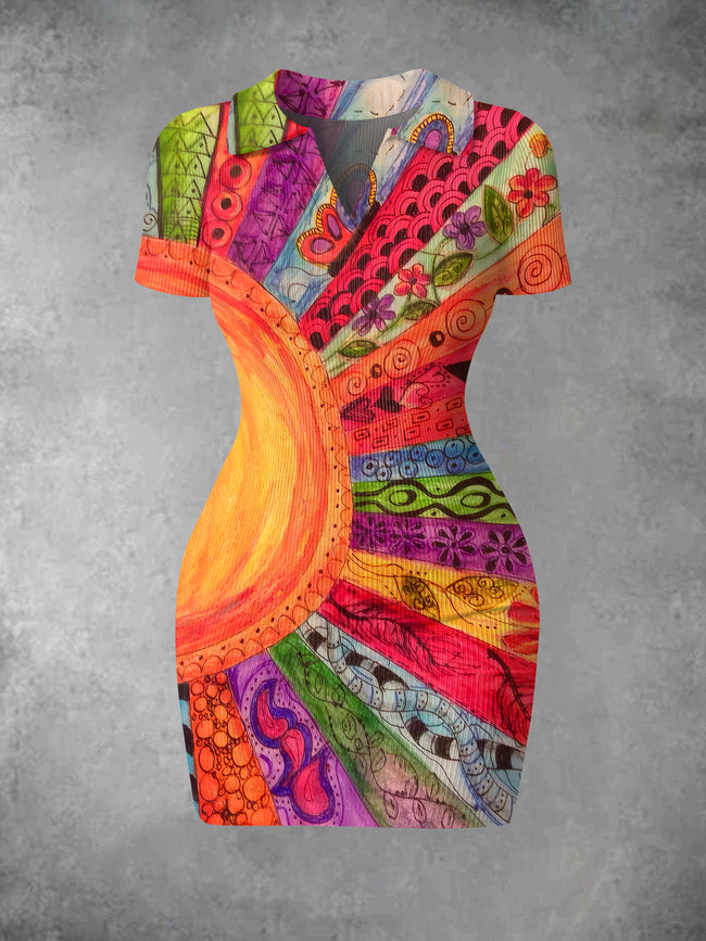 Women's Vintage Rainbow Sun Print Ribbed Bodycon Mini Dress