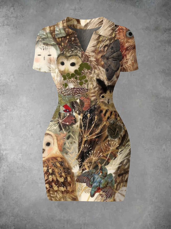 Women's Vintage Owl Print Ribbed Bodycon Mini Dress