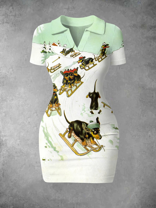 Women's Vintage Winter Skiing Dachshund Print Ribbed Bodycon Mini Dress