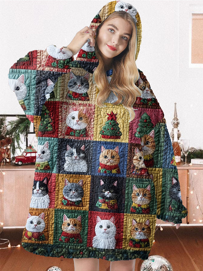 Christmas Cat Print Oversized Flannel Hoodie Blanket