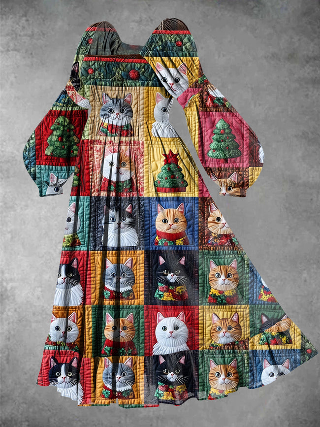 Women's Vintage Christmas Cat Print Maxi Dress